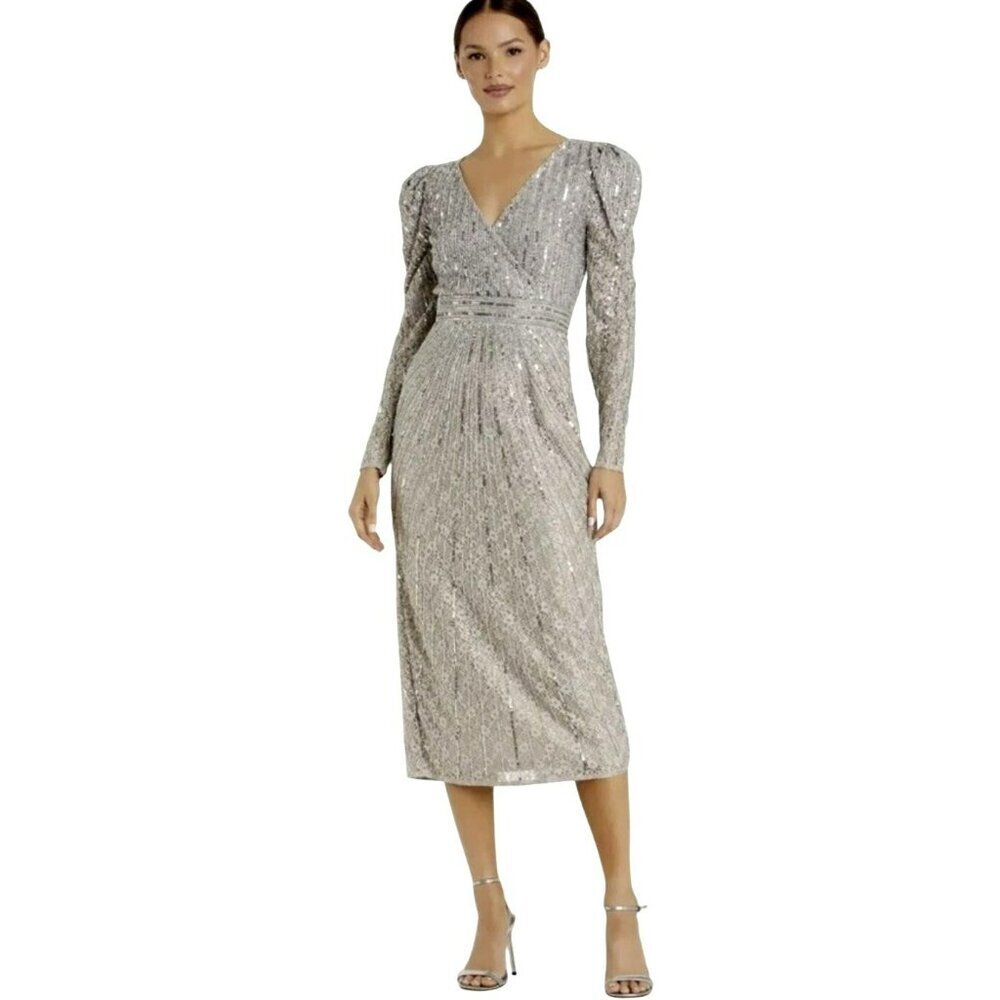 Mac Dugal Silver Sequin Long Sleeve Midi Cocktail Dress Size 2 NWT